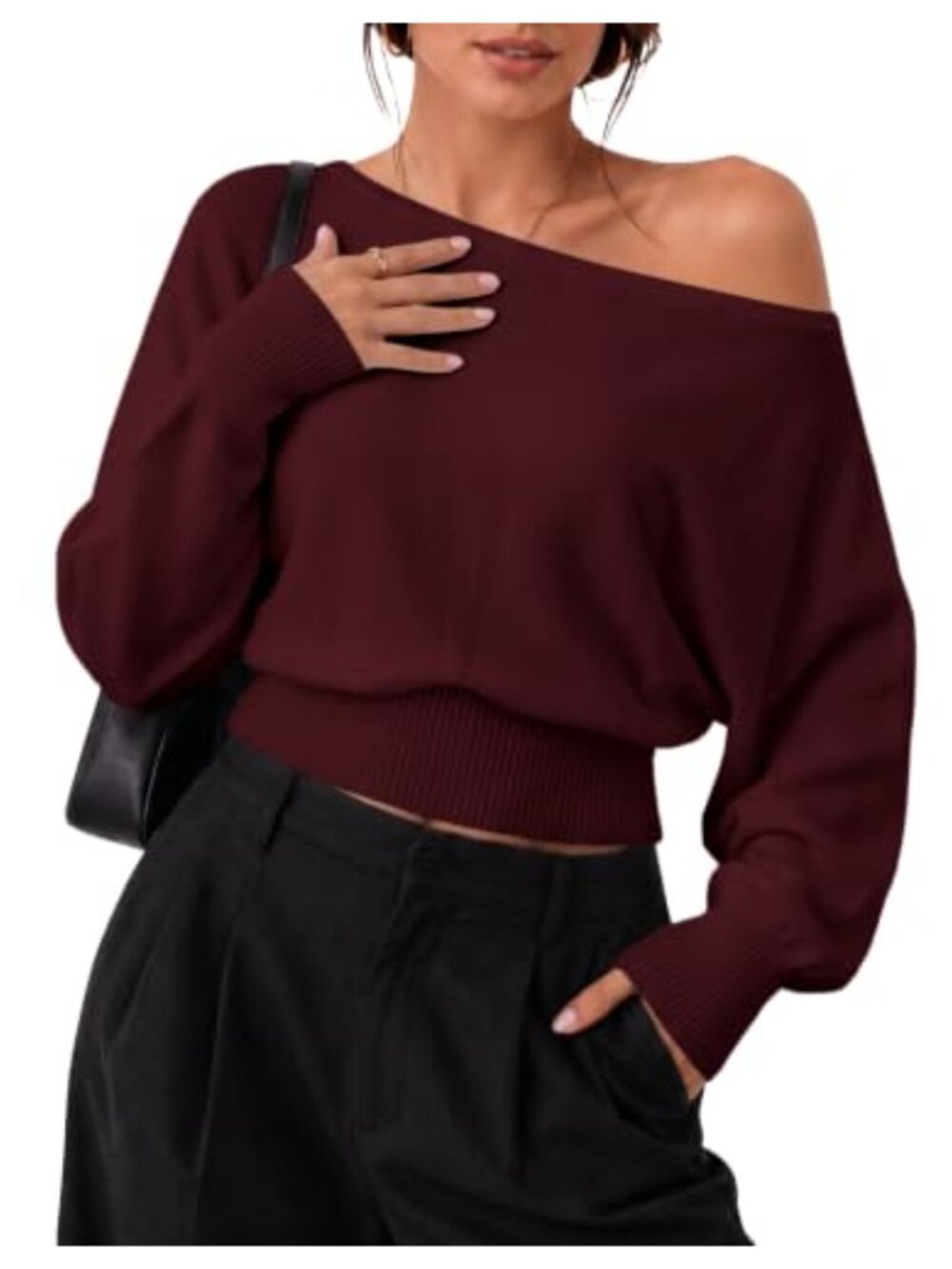 Off Shoulder Cropped Sweater Knit Long Sleeve Crop Top Pullover